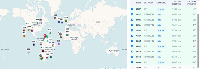 Map of GNSS stations and ionospheric pierce points around the Venezuela earthquake epicenter